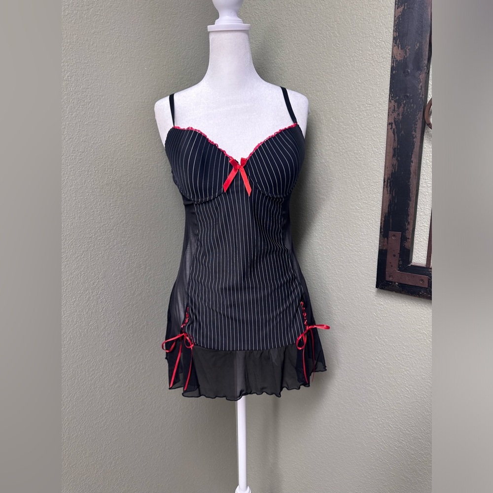 Dream girl black pinstripe lingerie with red lace up & padded bra